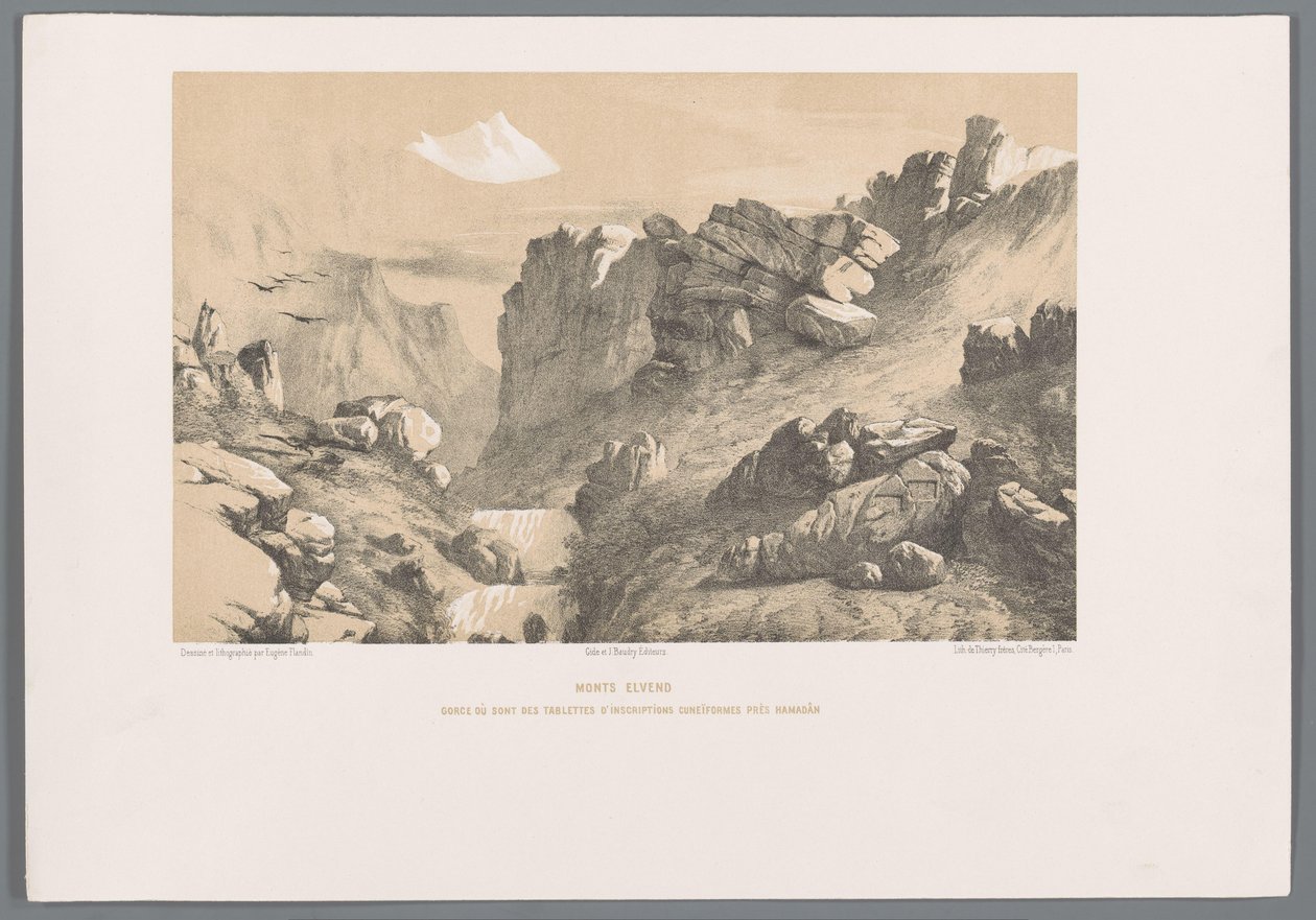 Ganjnameh op de berg Alvand i Iran Mounts Elvend Gorge där finns kilskriftstavlor nära Hamadan (titel på objektet) av Eugene Flandin
