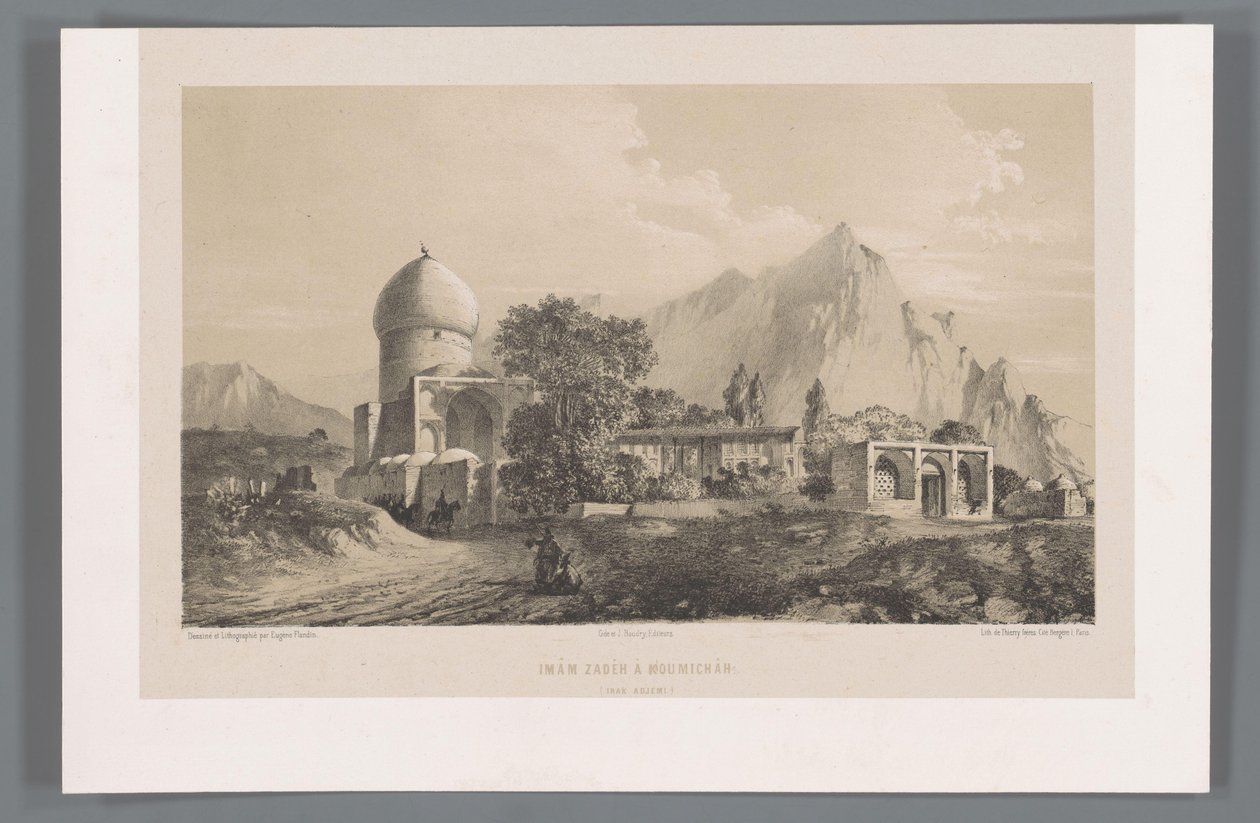 Utsikt över Imamzadeh Komijan i Irak-i Ajam Imâm Zadeh à Koumichâh (Iraq Adjemi) (titel på objekt) Persiska landskap (serietitel) Perse modern (serietitel) av Eugene Flandin