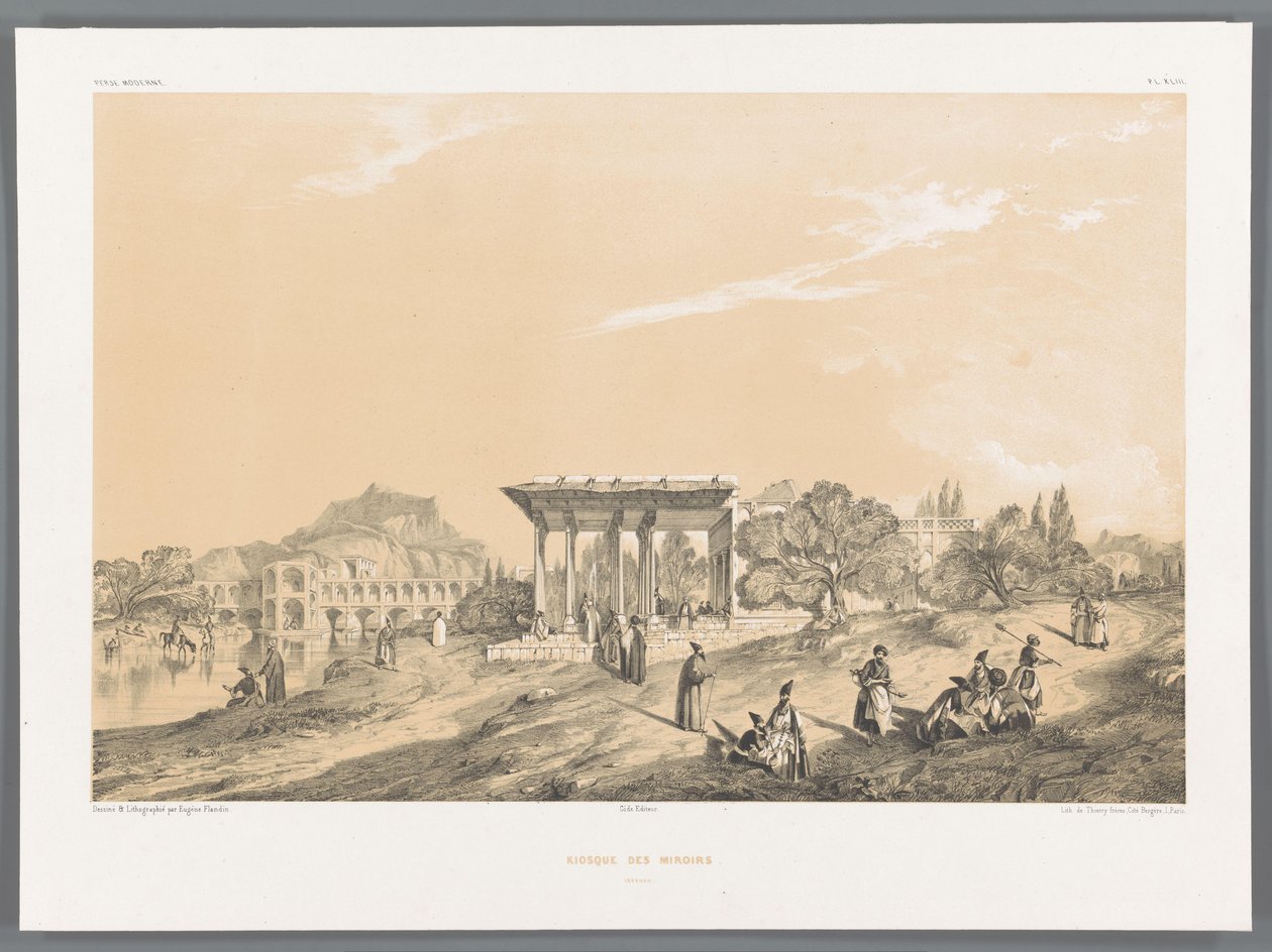 Vy över en byggnad i Isfahan, Iran Kiosque des miroirs Ispahan (titel på objekt) Persiska landskap (serietitel) Perse modern (serietitel) av Eugene Flandin
