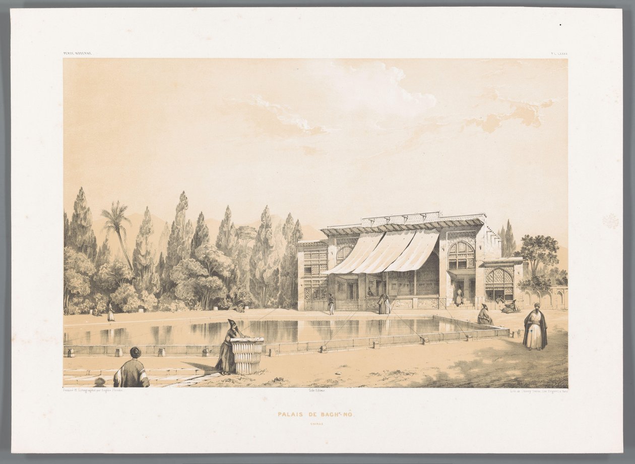 Nou Bagh Palace i Shiraz Palais de Bagh-Nô (titel på objekt) Persiska landskap (serietitel) Perse modern (serietitel) av Eugene Flandin