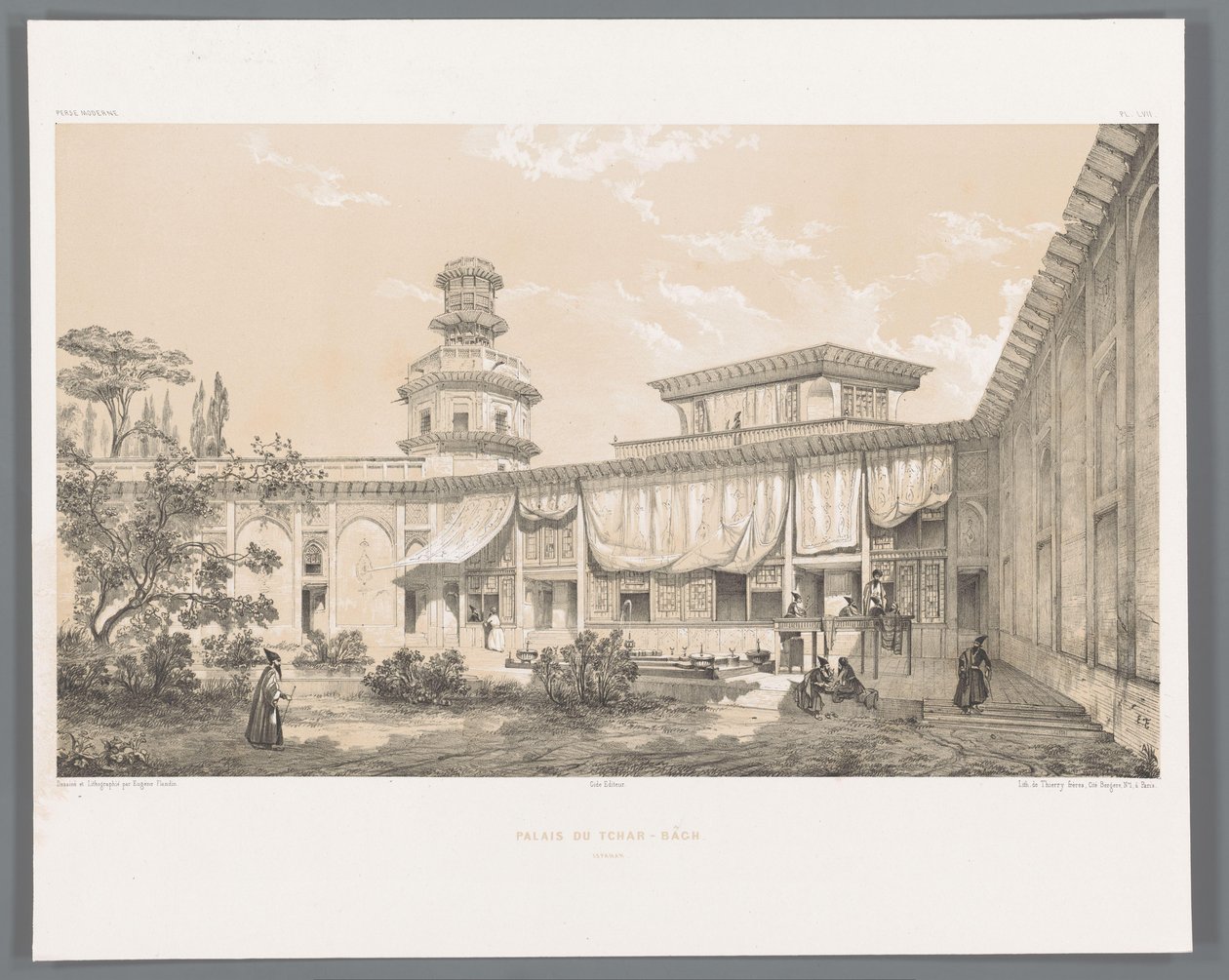 Char Bagh Palace i Isfahan Palais du Tchar-Bach Ispahan (titel på objekt) Persiska landskap (serietitel) Perse modern (serietitel) av Eugene Flandin