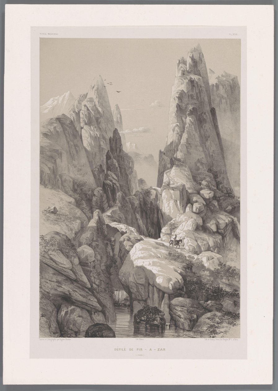 Kanjonen av berget Kuh-e Pir Zan i Iran Defilé de Pir-a-Zan (Fars) (titel på objekt) Persiska landskap (serietitel) Perse modern (serietitel) av Eugene Flandin