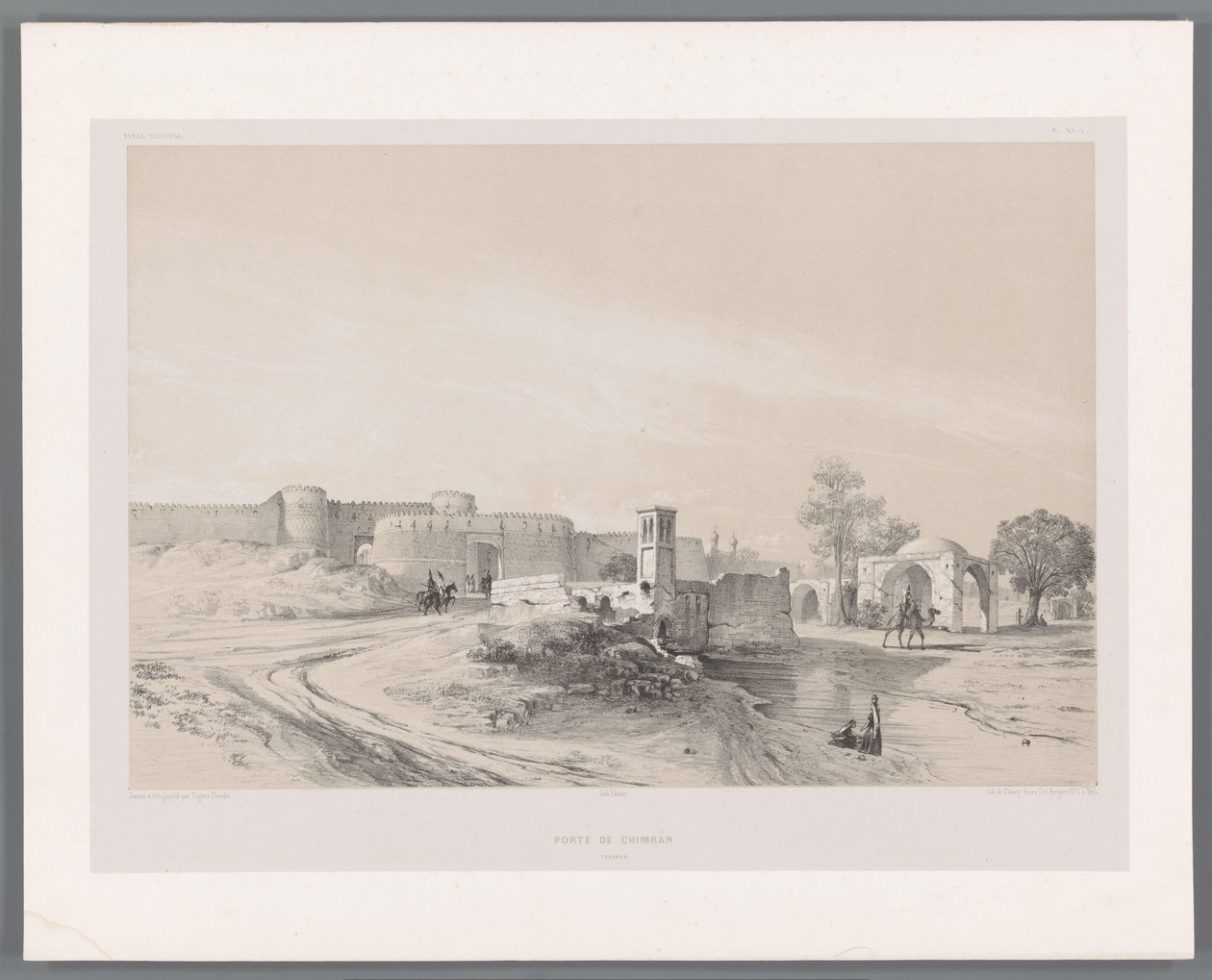 Shemran Gate i Teheran Porte de Chimran Teheran (titel på objekt) Persiska landskap (serietitel) Perse modern (serietitel) av Eugene Flandin