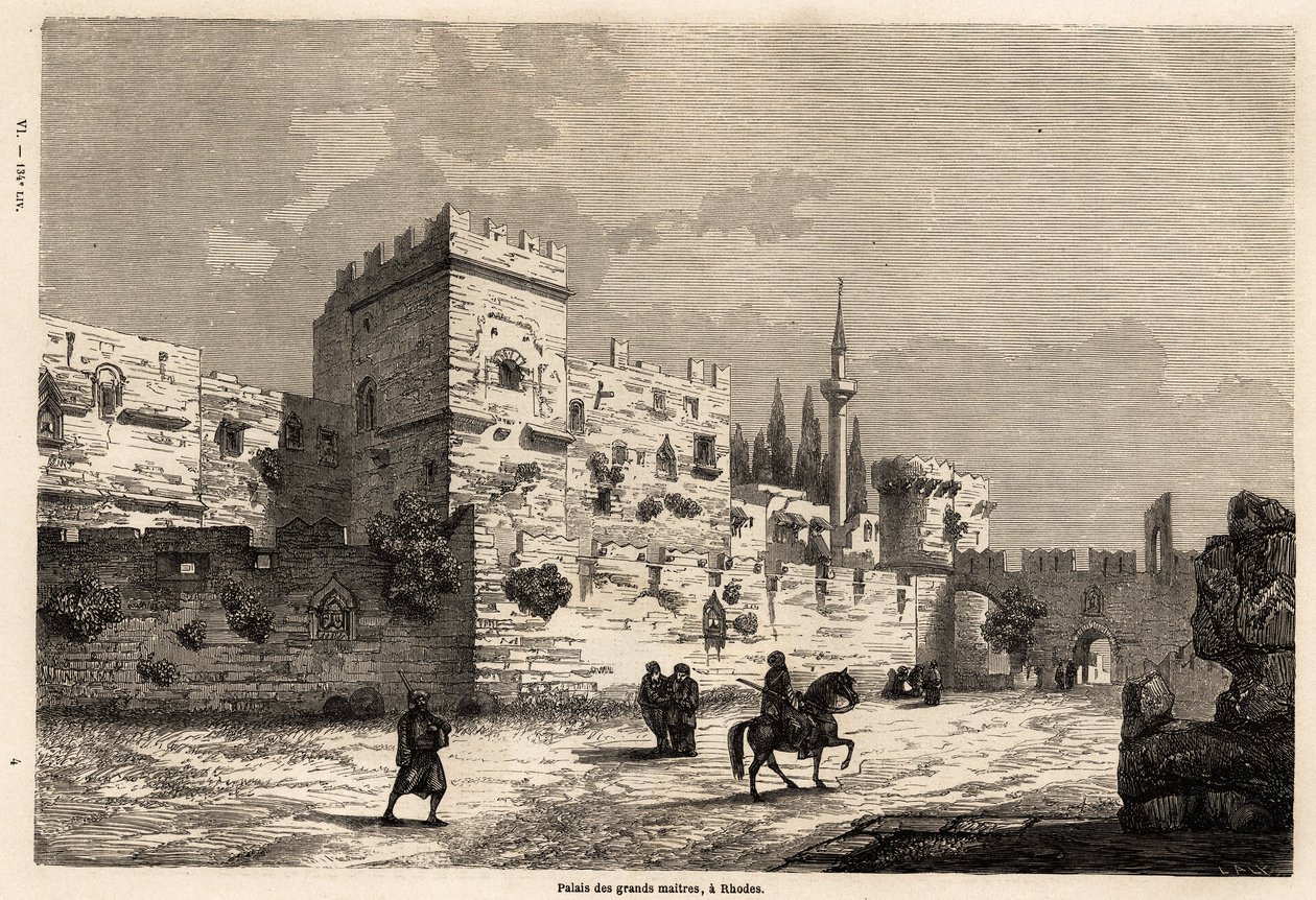 De stora mästarnas palats på Rhodos, teckning av Eugene Flandin, för att illustrera hans resa till ön Rhodos 1844. Gravyr i "" Le tour du monde", redigerad av Edouard Charton av Eugene Flandin
