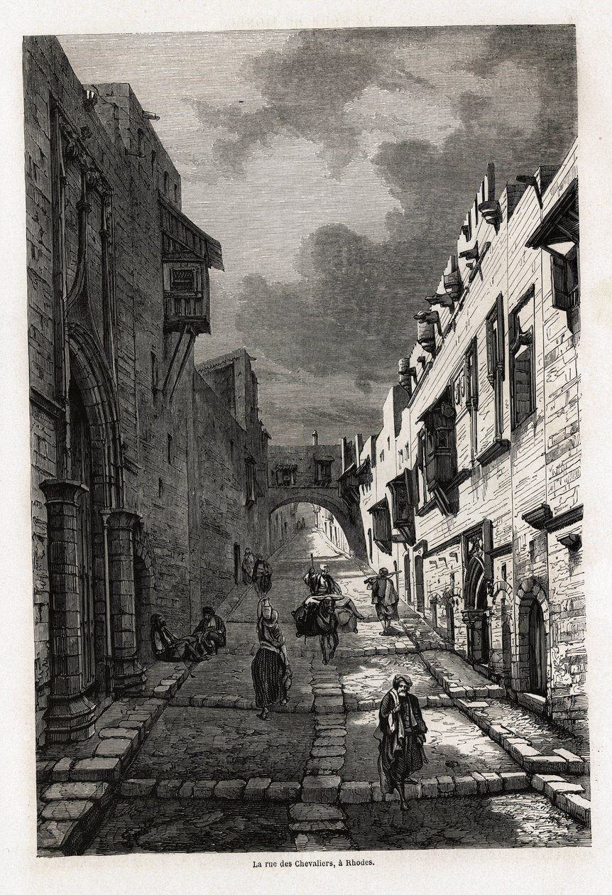 Rue des chevaliers, på Rhodos, teckning av Eugene Flandin, för att illustrera hans resa till ön Rhodos 1844. Gravyr i "" Le tour du monde"", redigerad av Edouard Charton av Eugene Flandin