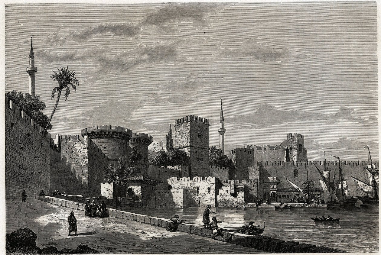 Utsikten över Rhodos hamn och Aubussons port, ritning av Eugene Flandin, för att illustrera hans resa till Rhodos ön 1844. Gravyr i "" Le tour du monde"", redigerad av Edouard Charton av Eugene Flandin