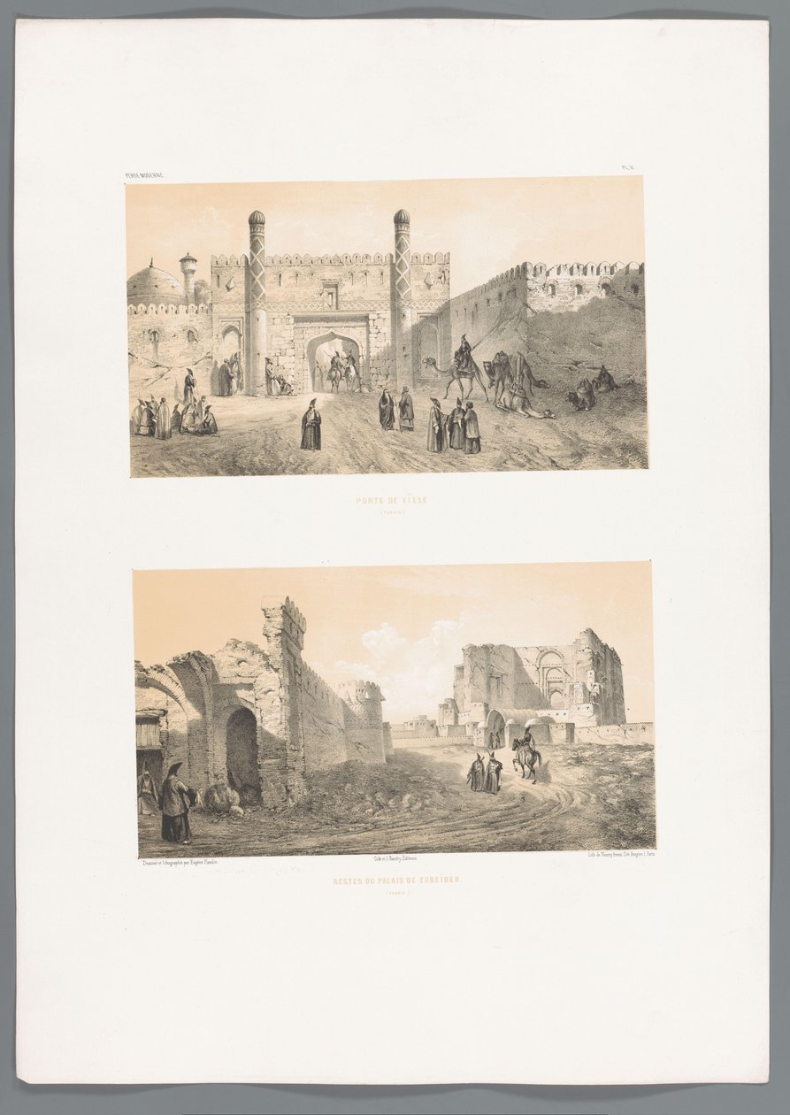 Två ansikten på Tabriz Porte de ville (Tabriz) (titel på objekt) Restes du palais de Zobeids (Tabriz) (titel på objekt) Persiska landskap (serietitel) Perse modern (serietitel) av Eugene Flandin