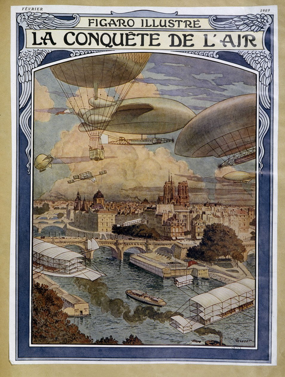 Air conquet: luftskepp, ballong och luftballong över Paris - omslag i "" Figaro Illustré"" från februari 1909 av Eugene Grasset