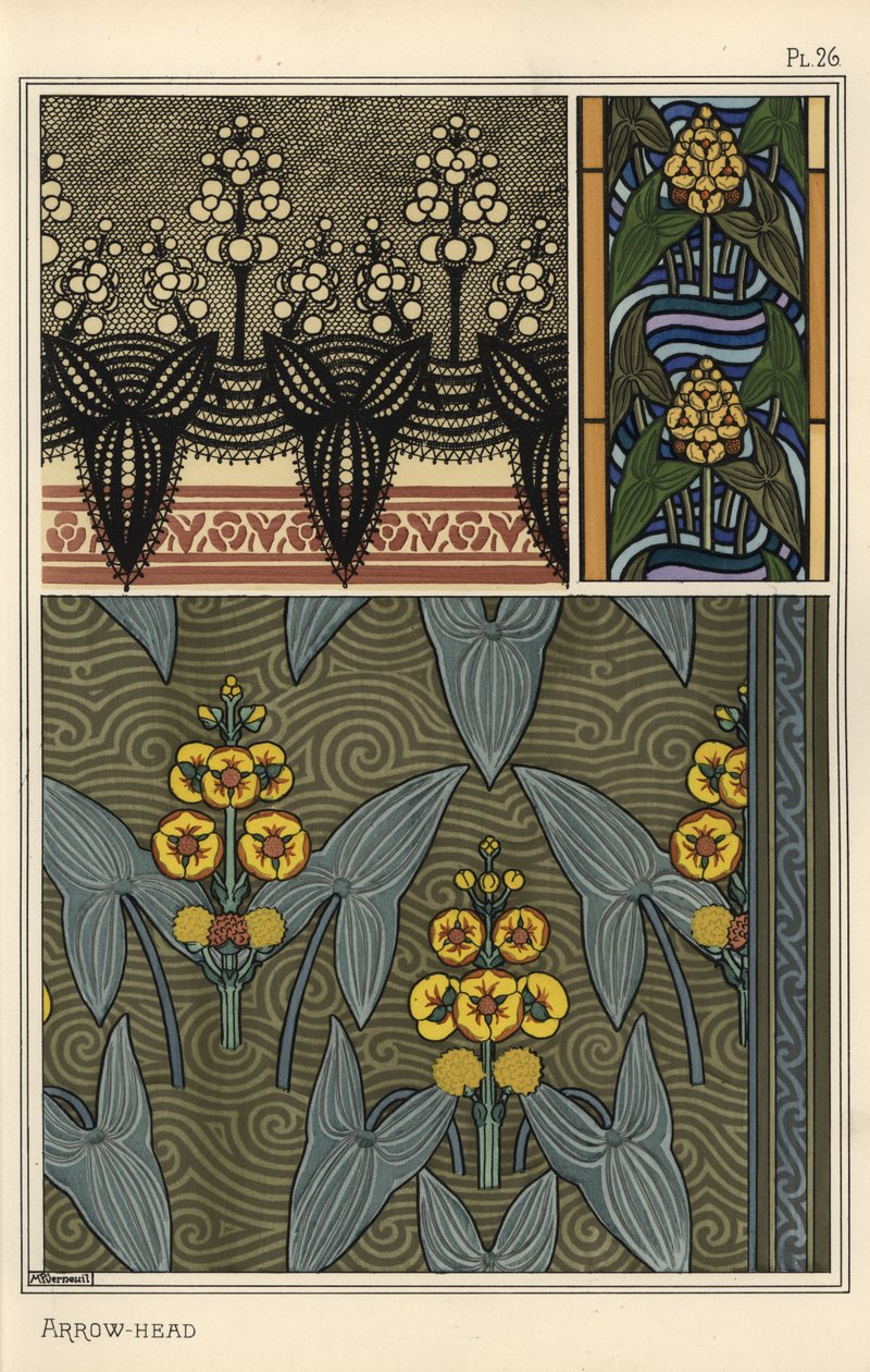 Pilspets, Sagittaria sagittifolia, som designmotiv i broderier, målat glas och tygmönster av Eugene Grasset