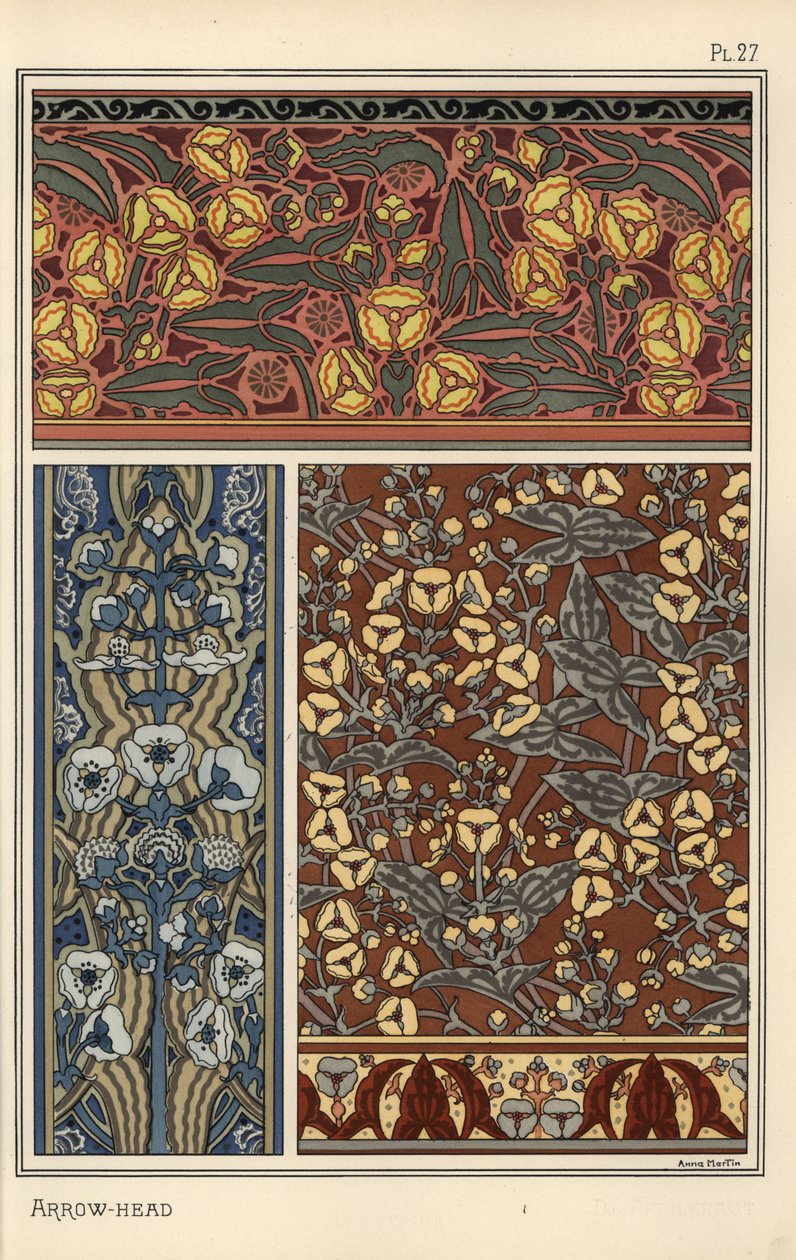 Pilspets, Sagittaria sagittifolia, som designmotiv i tapeter och tygmönster av Eugene Grasset