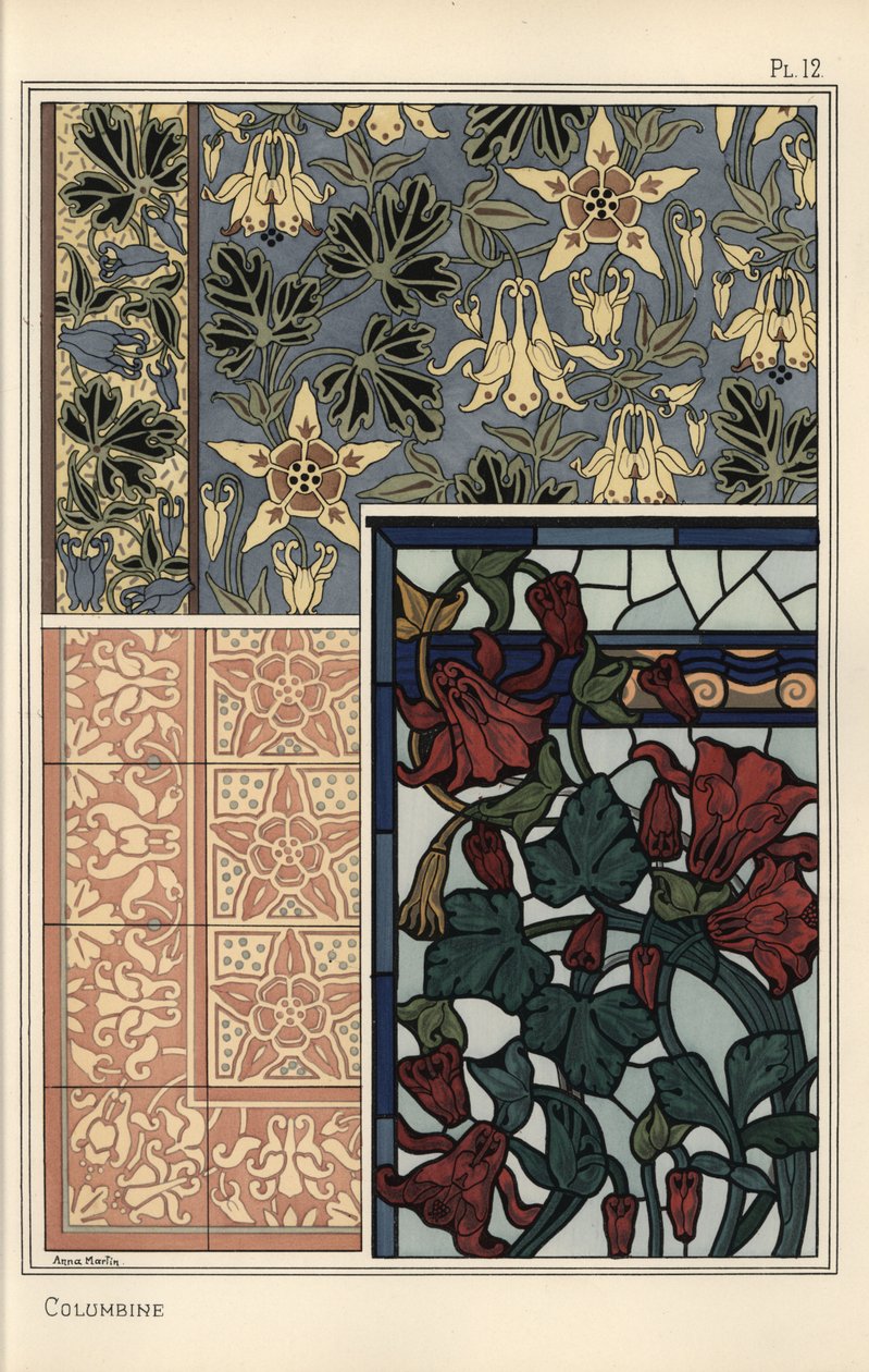 Columbine, Aquilegia vulgaris, blomma i mönster för tapeter, målat glas och kakel av Eugene Grasset