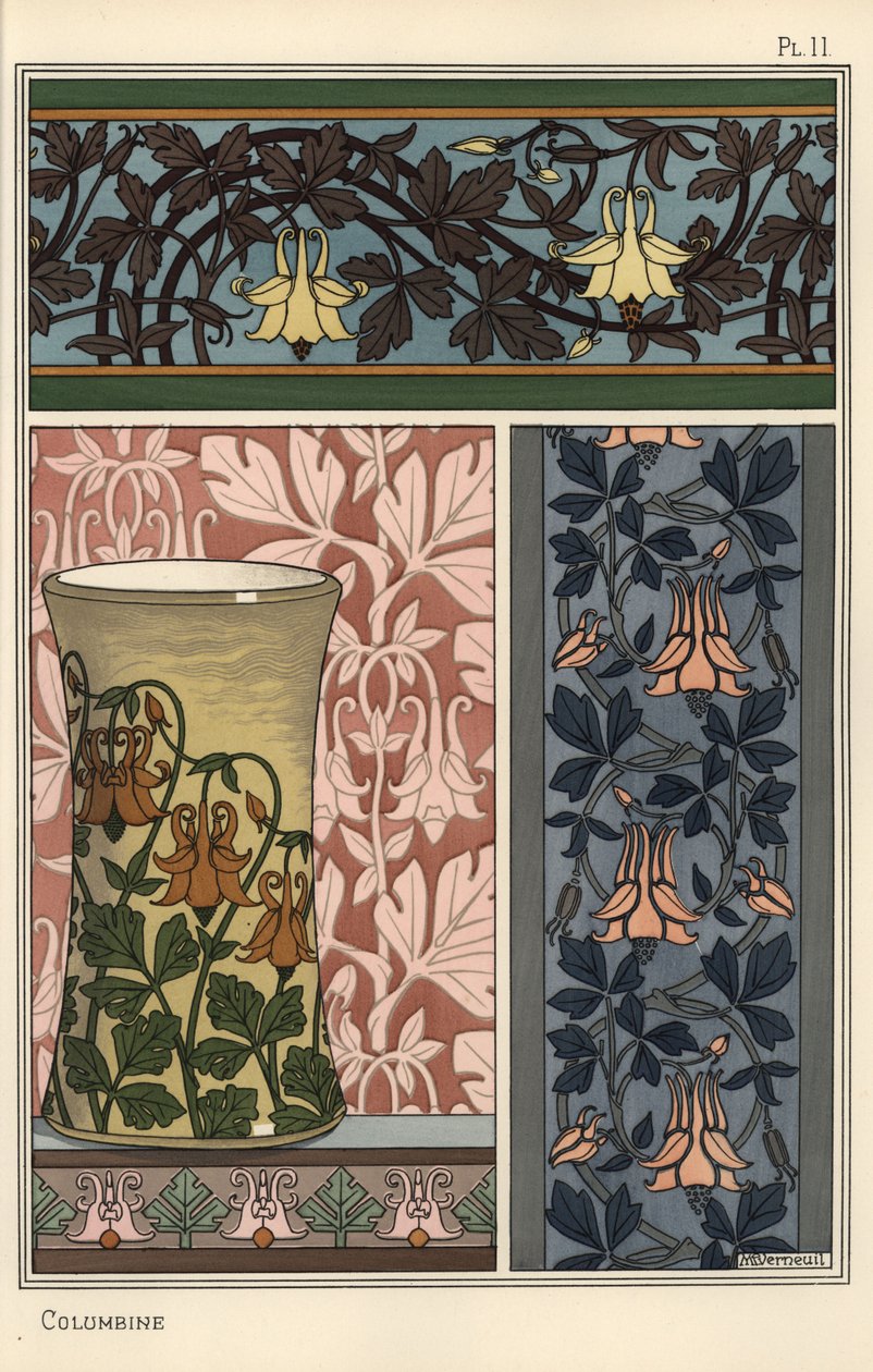 Aklejeblomma, Aquilegia vulgaris, i mönster till tapeter, tyg och vas av Eugene Grasset