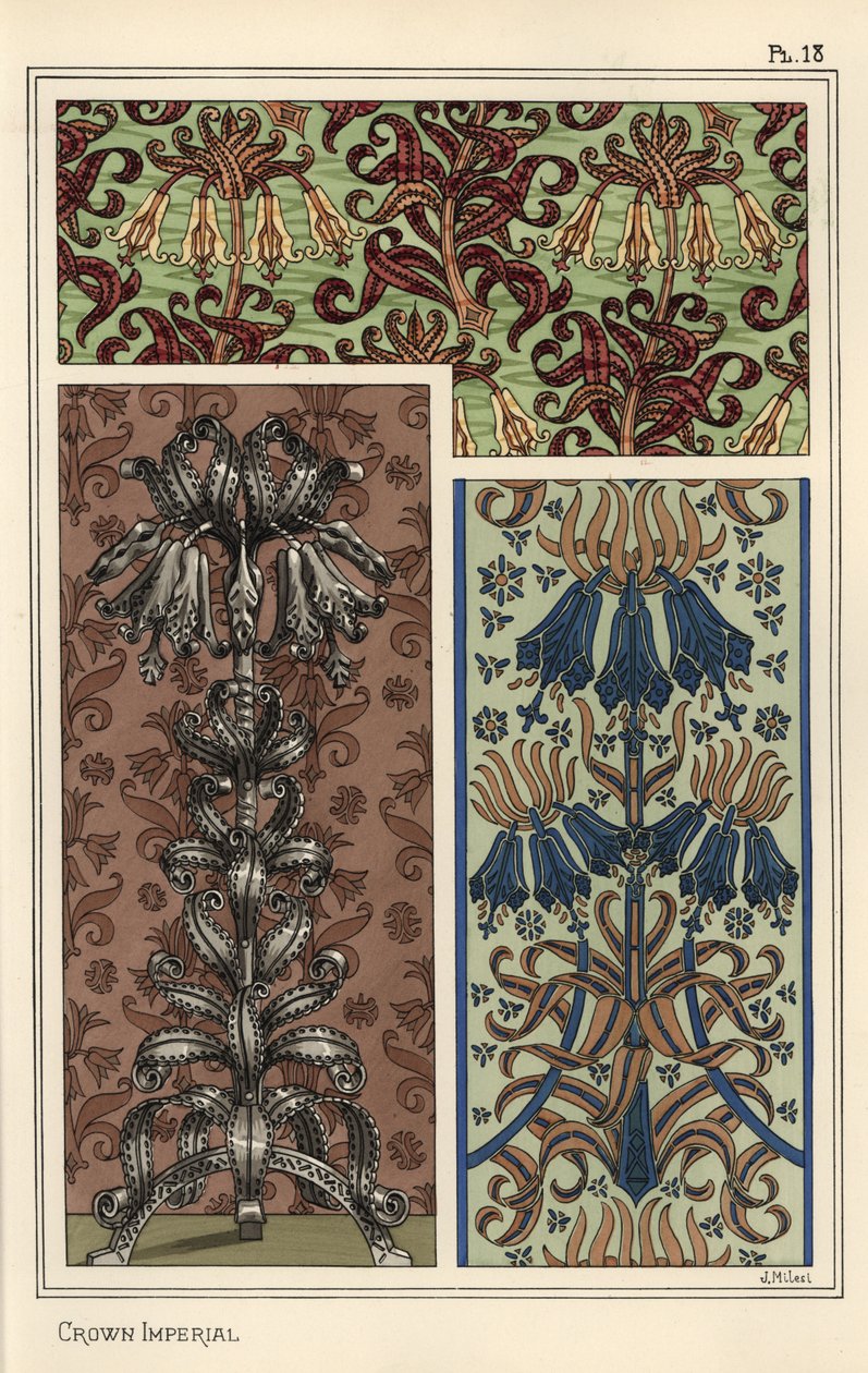 Krona kejsarblomma, Fritillaria imperialis, i tapeter och tygmönster, och som design för ett stålkonstobjekt av Eugene Grasset