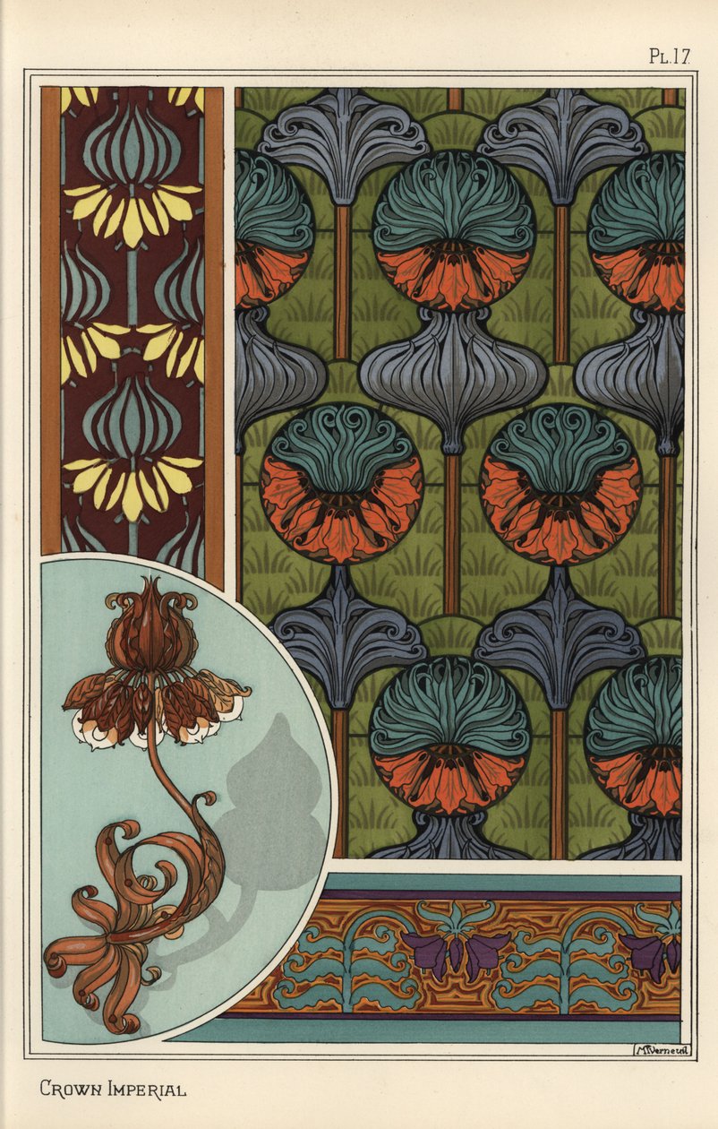 Krona kejsarblomma, Fritillaria imperialis, i tapeter och tygmönster, och som design för en smideslampa av Eugene Grasset