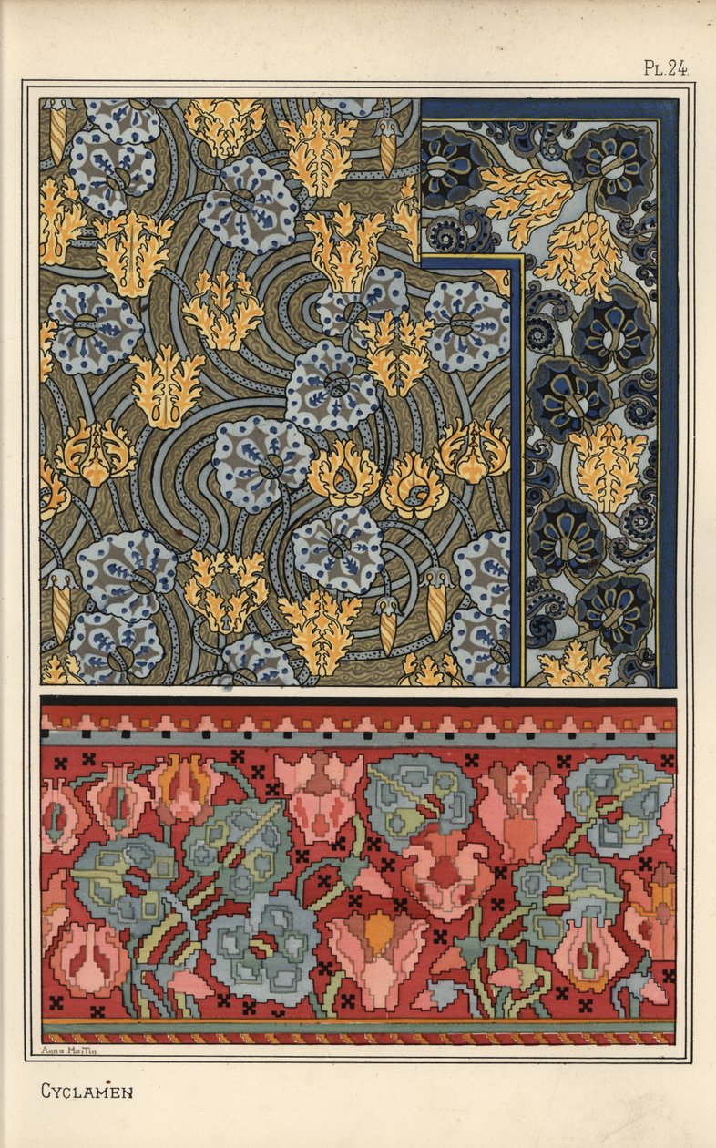 Cyclamen persicum växt som motiv i design för gobeläng, tyg och tapeter. Litografi av Anna Martin av Eugene Grasset