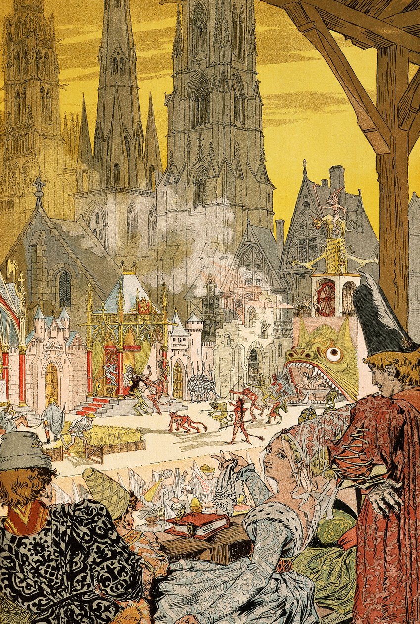 Skildring av mysterium på katedralens kyrkogård, illustration för Notre-Dame de Paris av Victor Hugo (1802-1885) av Eugene Grasset