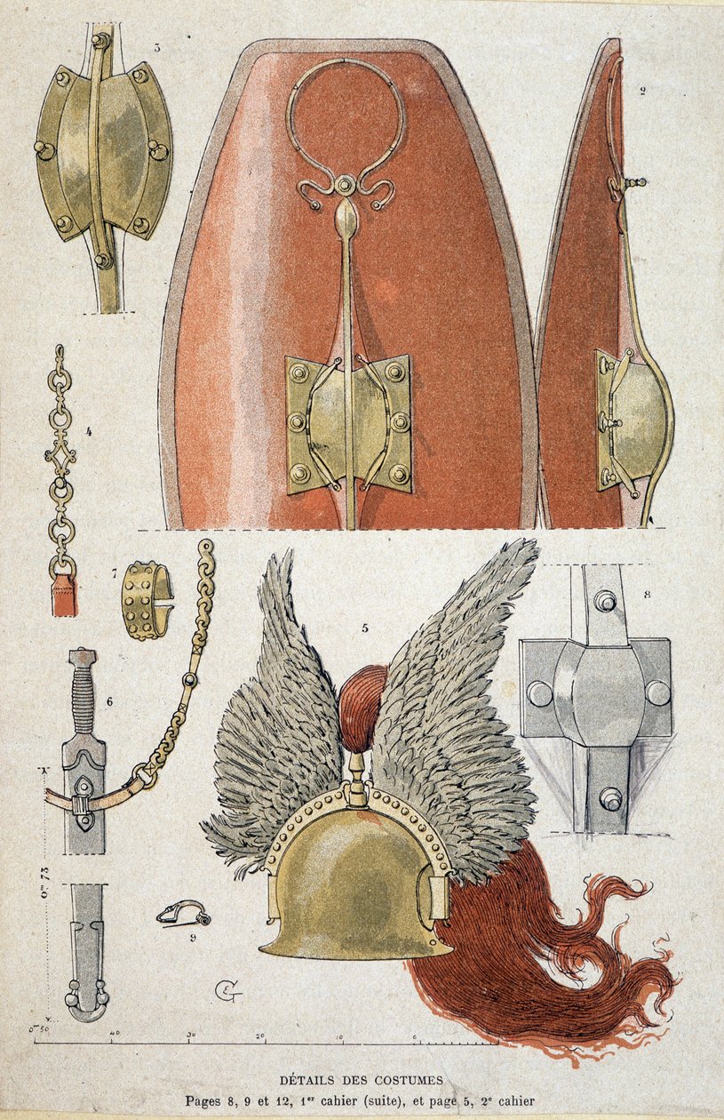 Detaljer om gallisk krigarkostym - i "" Illustrous Teaching Cahiers, War Costumes of the Brons Age and the Gallish Age"", red. Gräset av Eugene Grasset