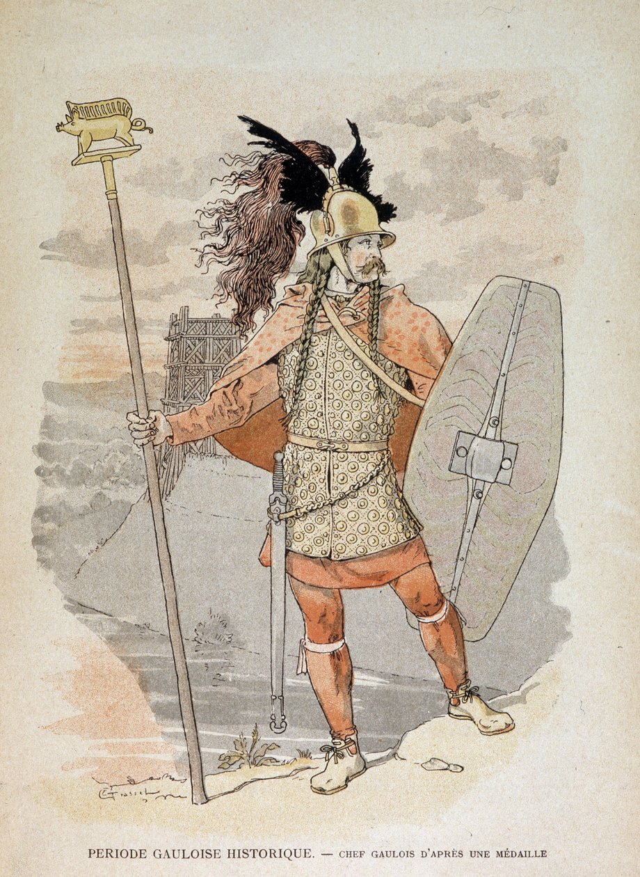 Gallisk ledare (efter en medalj): håller i en "" banderoll"""" dekor av en galt undervisar - i "" Illustrous Teaching Cahiers, War Costumes of the Bronze Age and the Gallic Age"", ed Grasset av Eugene Grasset