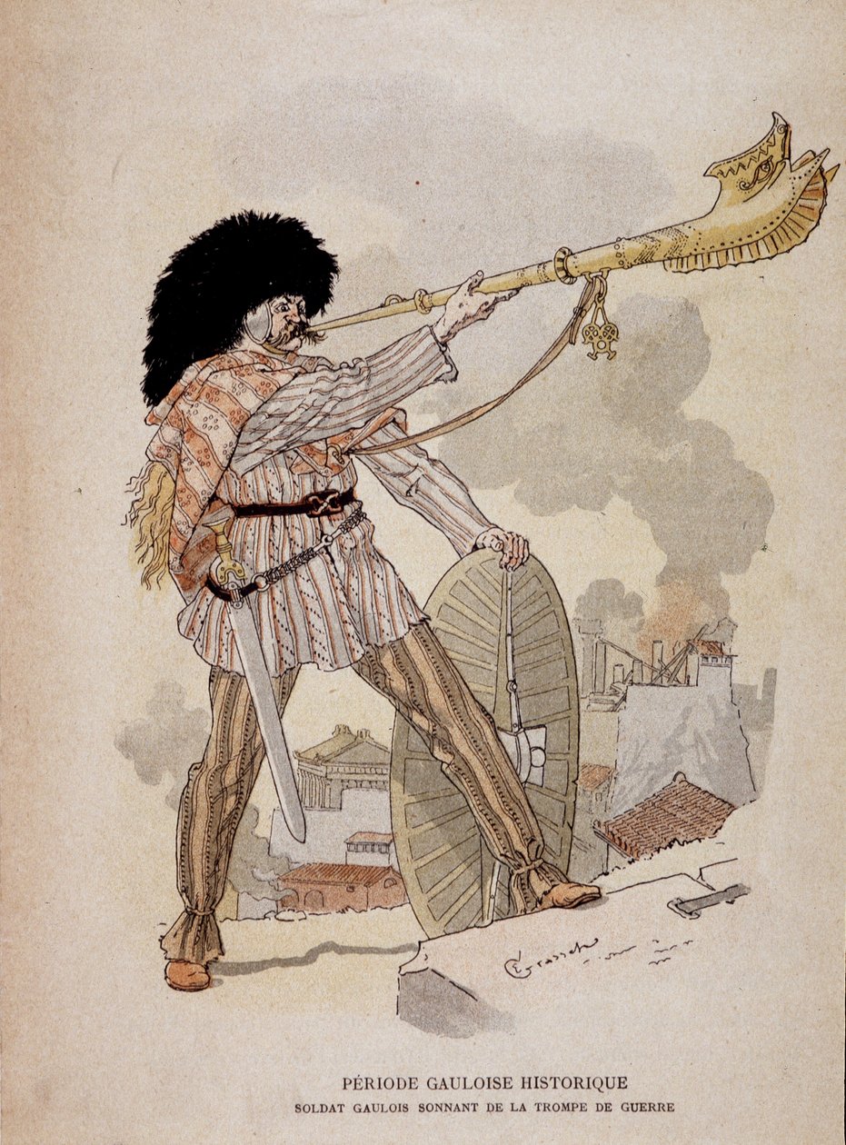 Gallisk soldat som låter från krigets horn (carnyx) - i "" Illustrous Teaching Cahiers, War Costumes of the Bronze Age and the Gallish Age", ed Grasset av Eugene Grasset