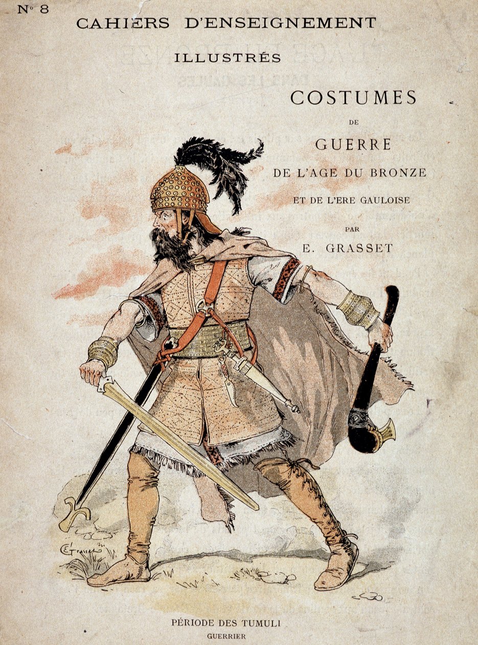 Gallisk krigare från Tumuli-perioden - i "" Illustrous Teaching Cahiers, War Costumes of the Bronze Age and the Gallish Age"", red. Gräset. Illustration av Eugene Samuel Grasset (1841-1917). av Eugene Grasset