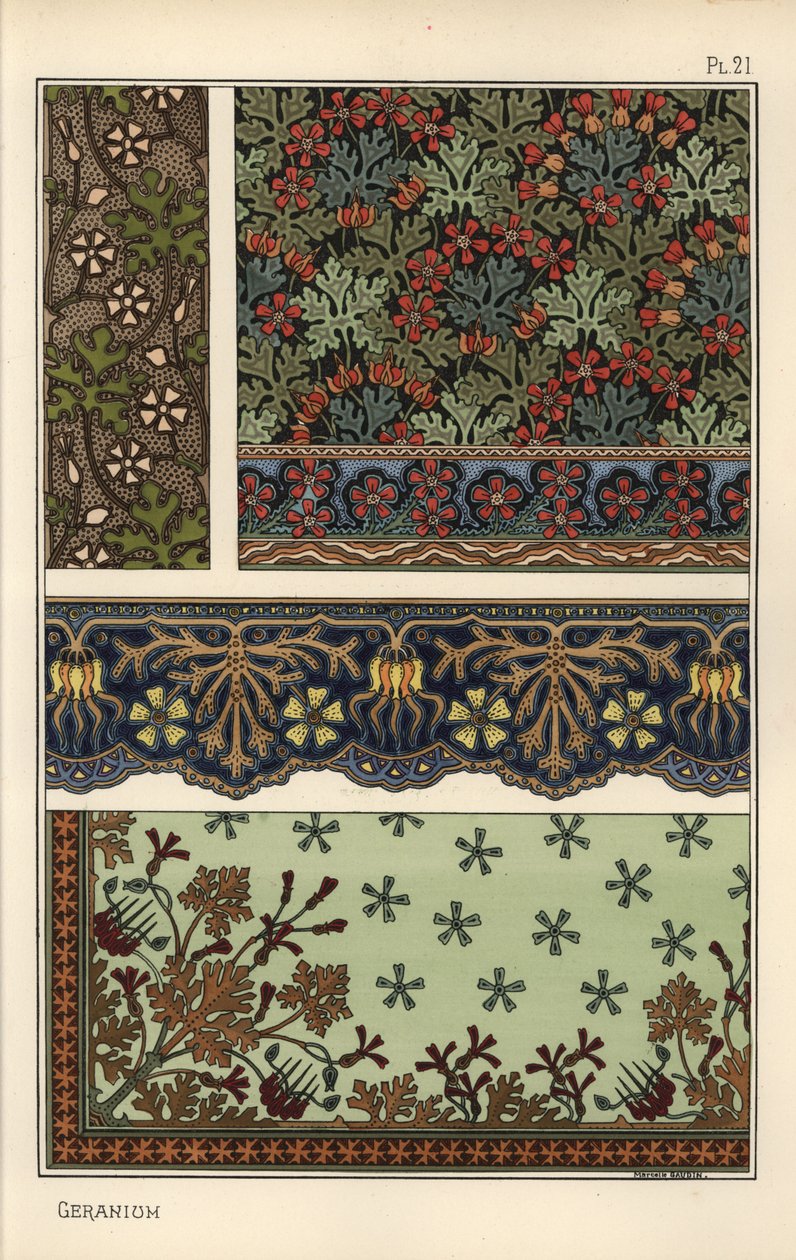 Pelargonmotiv i tapeter, bårder och tygmönster av Eugene Grasset