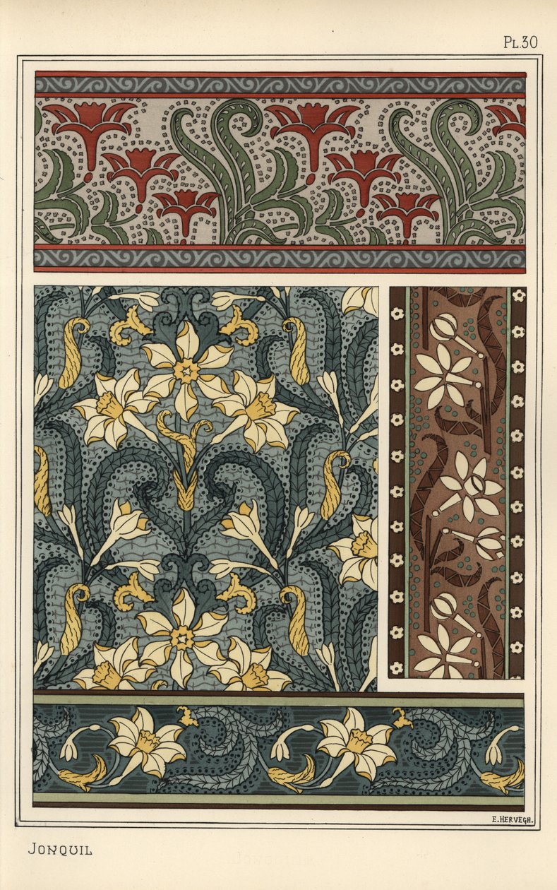 Jonquil, Narcissus jonquilla, som designmotiv i tapeter och tygmönster av Eugene Grasset