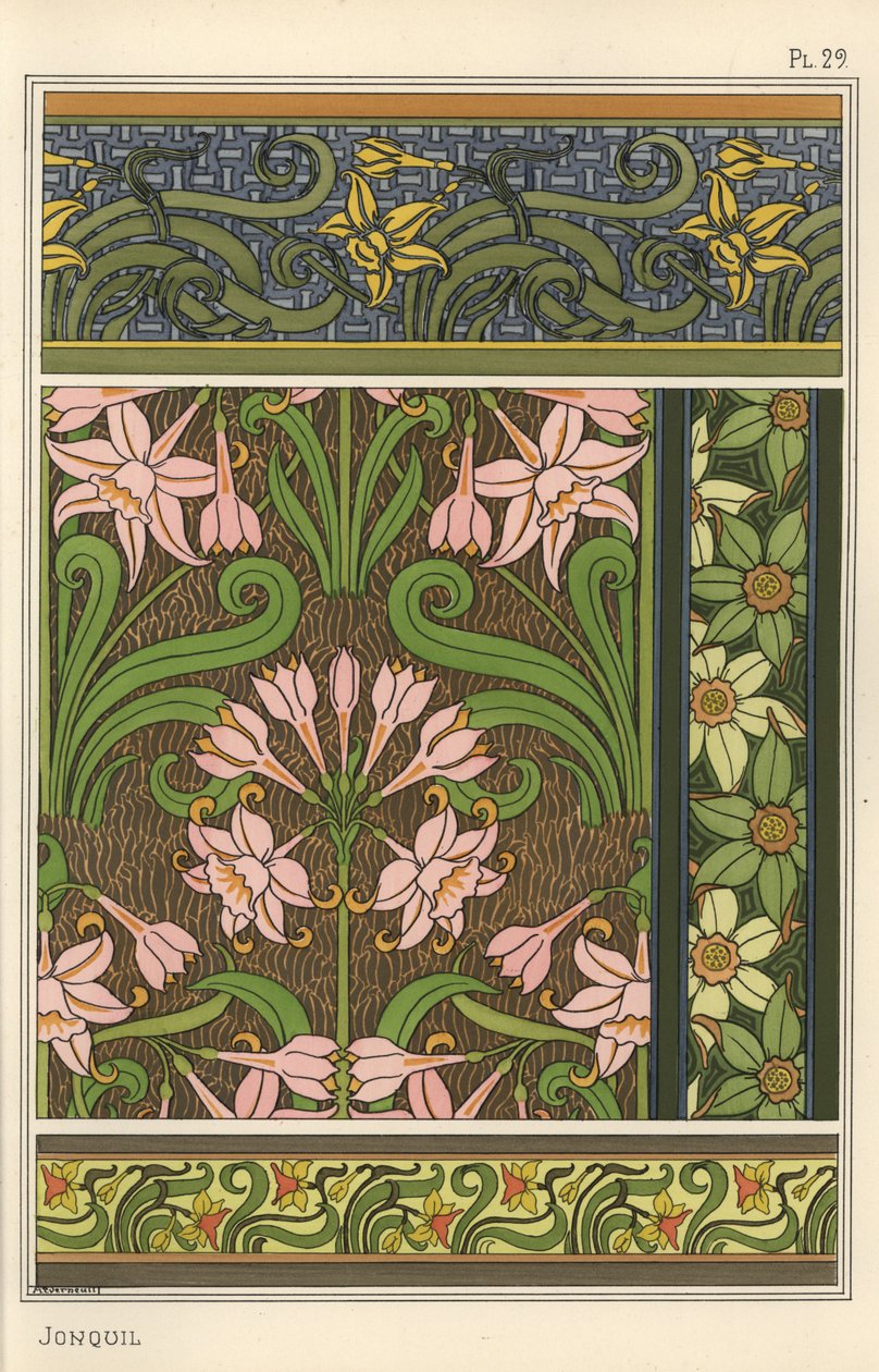 Jonquil, Narcissus jonquilla, som designmotiv i tapeter och tygmönster av Eugene Grasset
