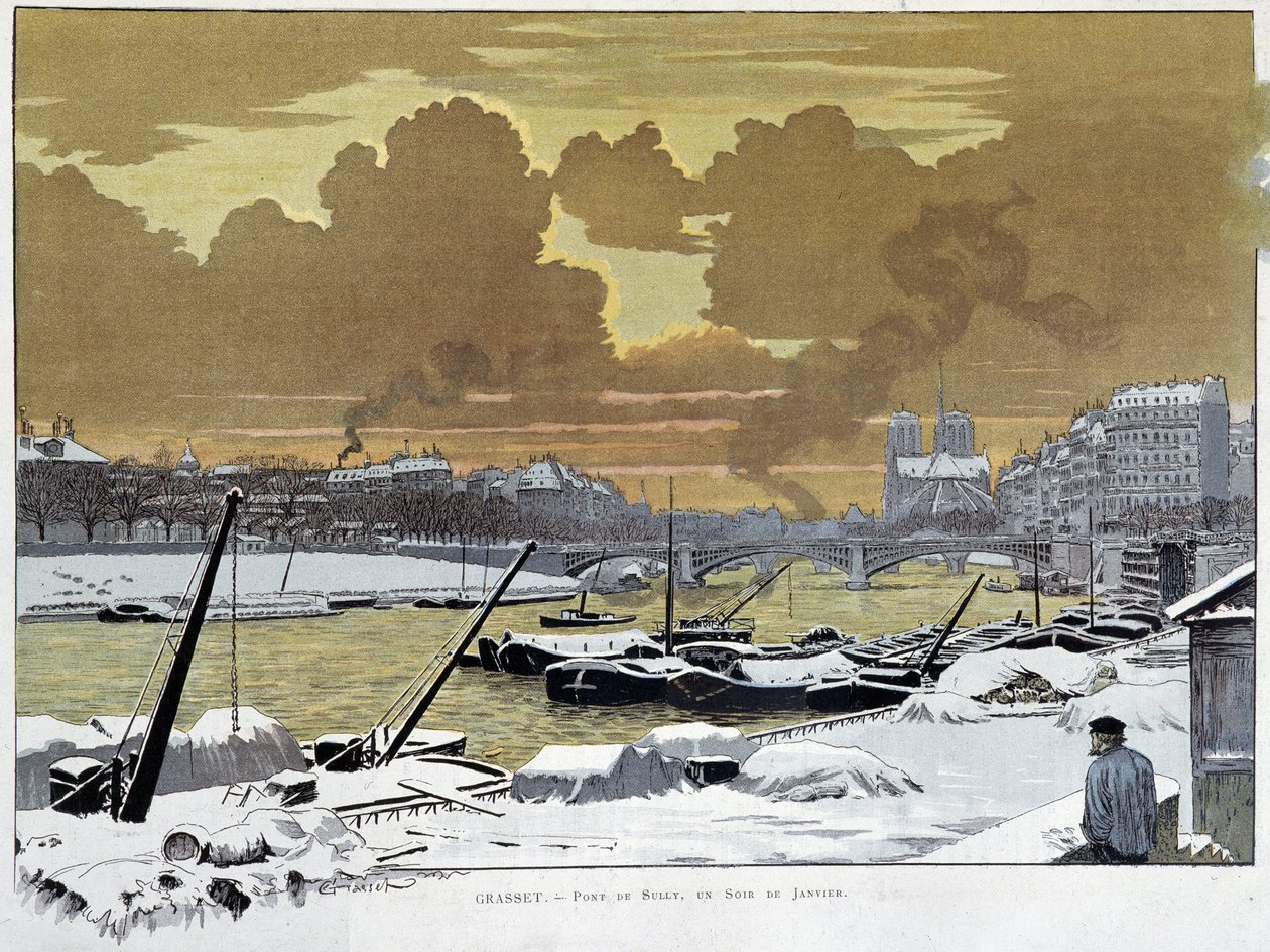 Le pont de Sully, i Paris täckt av snö, en kväll i januari 1886 - av Grasset av Eugene Grasset