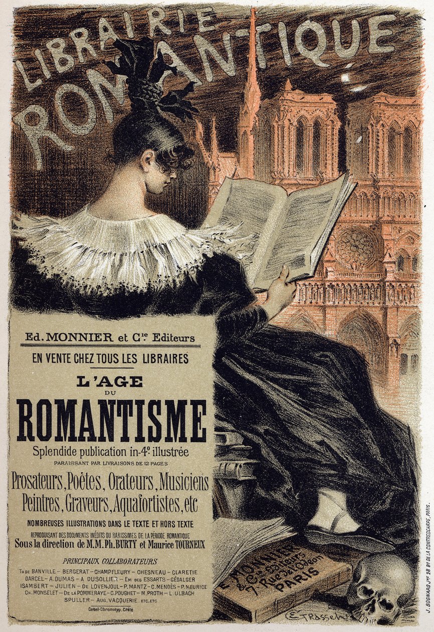 Litteratur. Librairie romantique (Romantisk bokhandel.) Affisch av Eugene Grasset för redaktören Monnier, Frankrike, c.1890 Coll. Del. (affisch) av Eugene Grasset