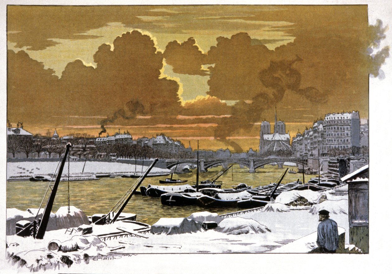Paris, pråmar under snön vid Pont de Sully, c.1905 av Eugene Grasset