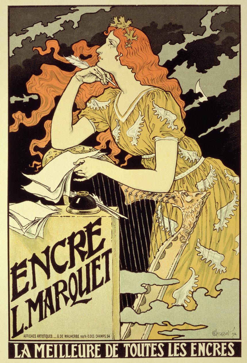 Reproduktion av en affisch som annonserar "Marquet Ink" av Eugene Grasset