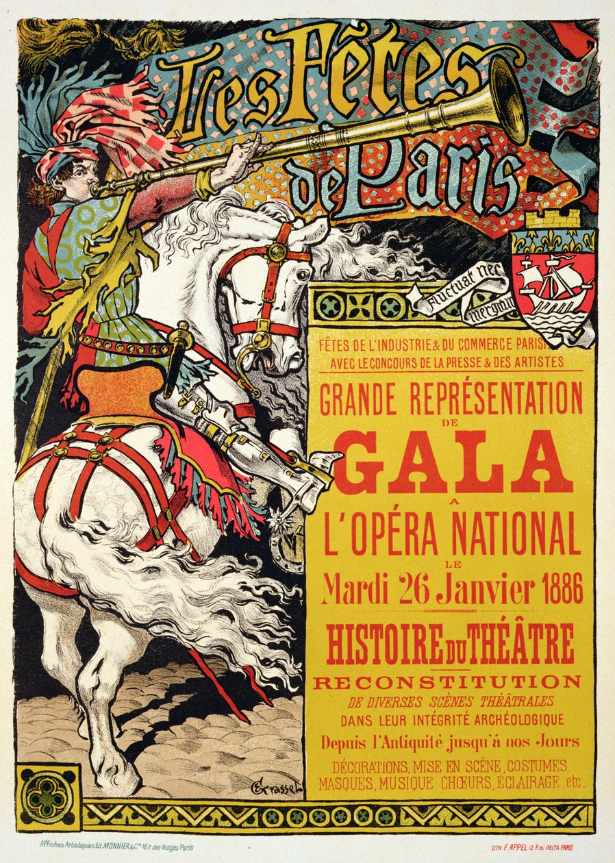 Reproduktion av en affisch som annonserar "Fetes de Paris", på Opera National, Paris, 1885 av Eugene Grasset