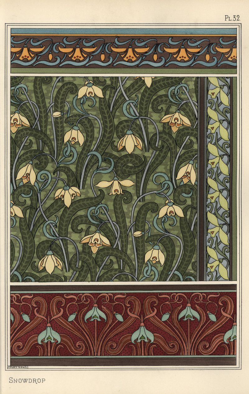 Snödroppe, Galanthus nivalis, som designmotiv i tapeter, bårder och tyger av Eugene Grasset
