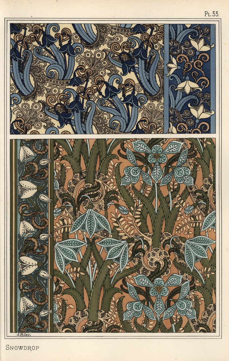 Snödroppe, Galanthus nivalis, som designmotiv i tapeter, bårder och tyger av Eugene Grasset