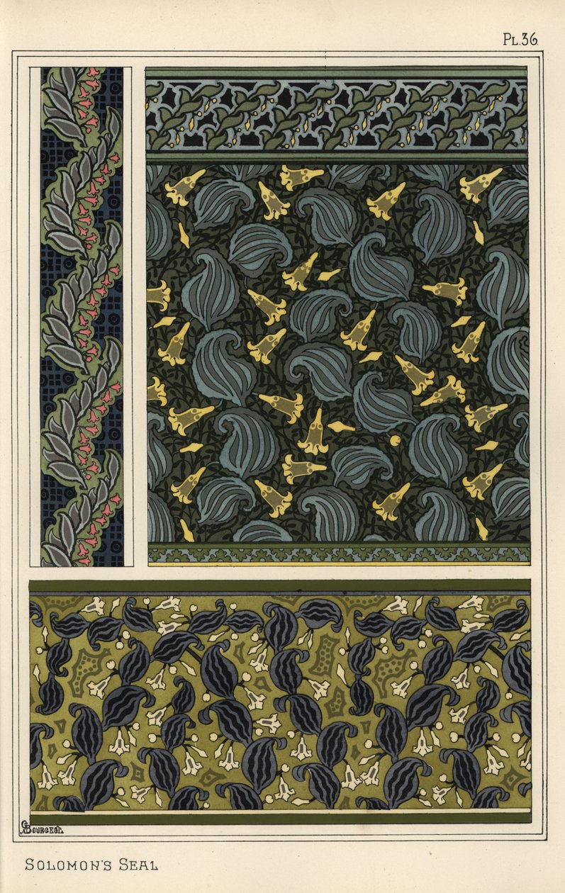 Salomos sigill, Polygonatum multiflorum, som designmotiv i tapeter, bårder och tyg av Eugene Grasset