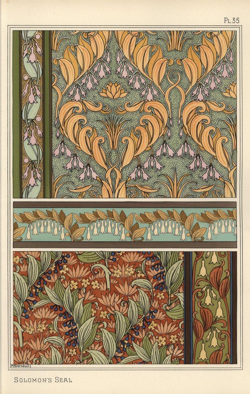 Salomos sigill, Polygonatum multiflorum, som designmotiv i tapeter, bårder och tyg av Eugene Grasset