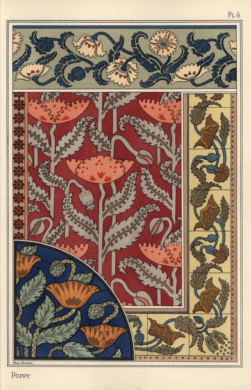 Vallmo, Papaver somniferum, i målat glas, tapeter, tyg och kakelmönster. Litografi av Marc Mangin av Eugene Grasset