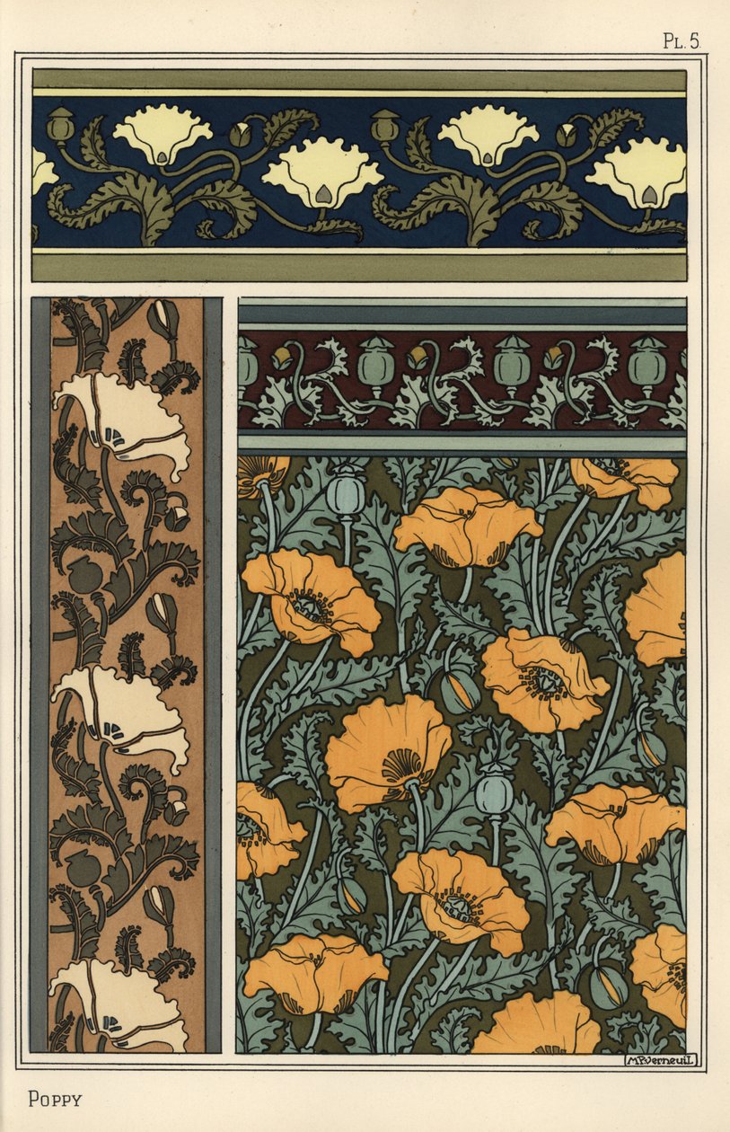 Vallmo, Papaver somniferum, i tapeter och tygmönster. Litografi av Verneuil av Eugene Grasset