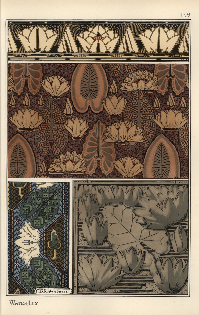 Näckrosen, Nelumbo lutea, i tyg, korsstygnsväv och reliefformmönster. Litografi av C. G. Schlumberger av Eugene Grasset