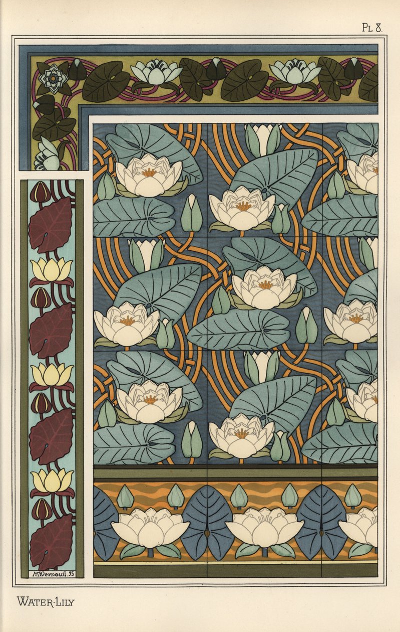 Näckrosen, Nelumbo lutea, i tapeter och kakelmönster av Eugene Grasset