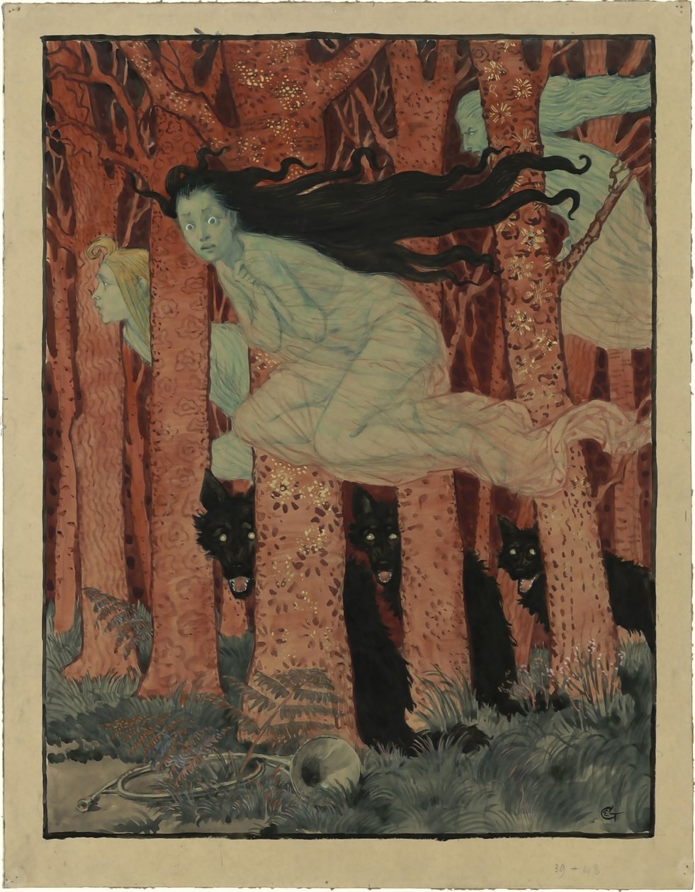 Tre kvinnor och tre vargar Tre kvinnor och tre vargar, ca 1892. av Eugene Grasset
