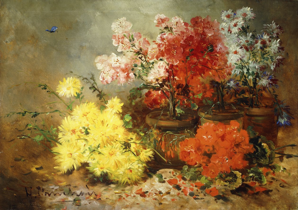 Tusenskönor, Begonia och andra blommor i krukor, av Eugene Henri Cauchois