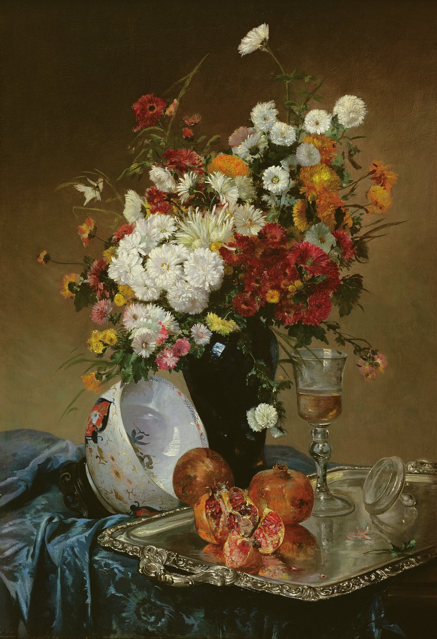 Stilleben med blommor och granatäpplen av Eugene Henri Cauchois