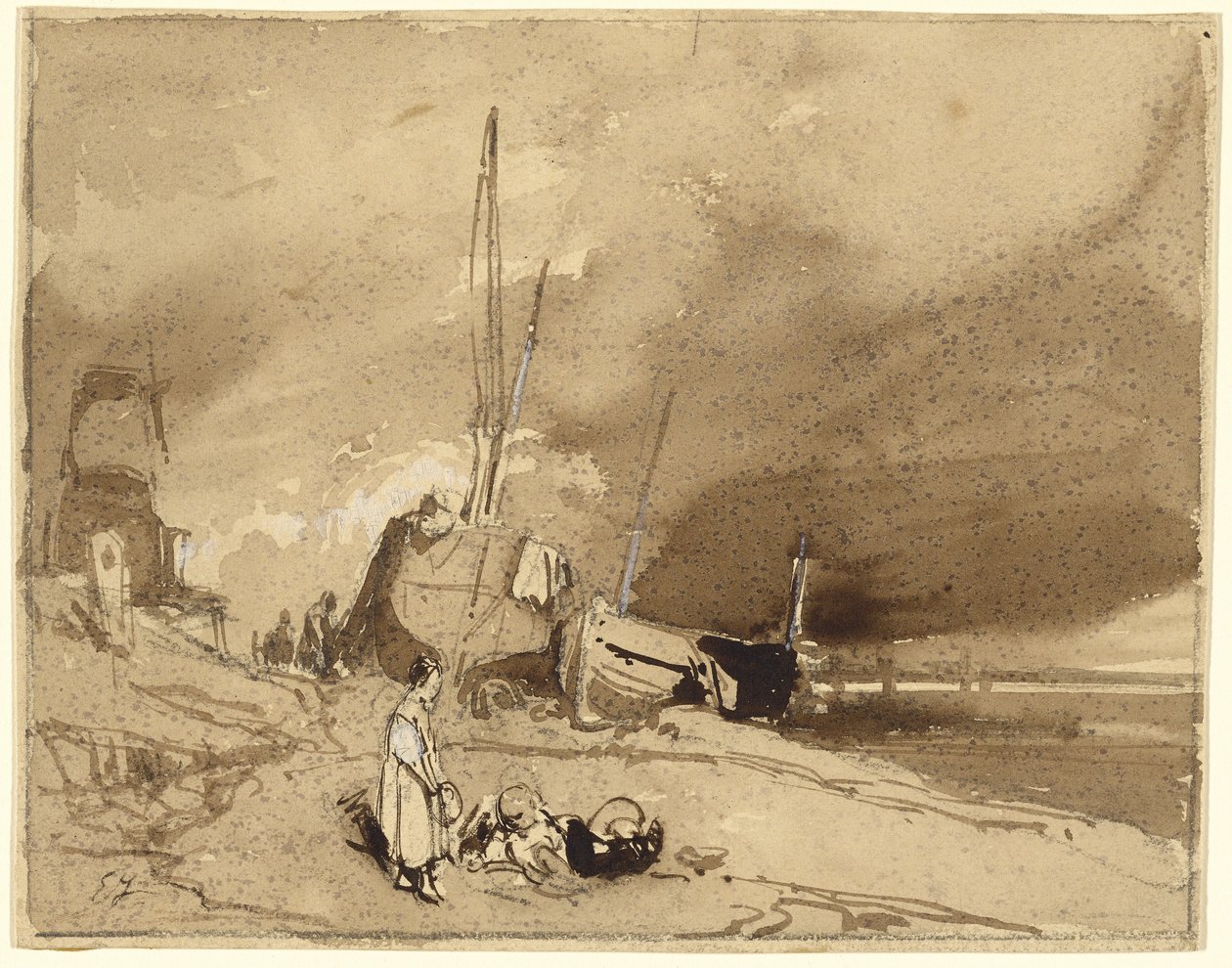 Bord de Plage (Fiskebåtar på en strand, stormmoln i fjärran) av Eugene Isabey