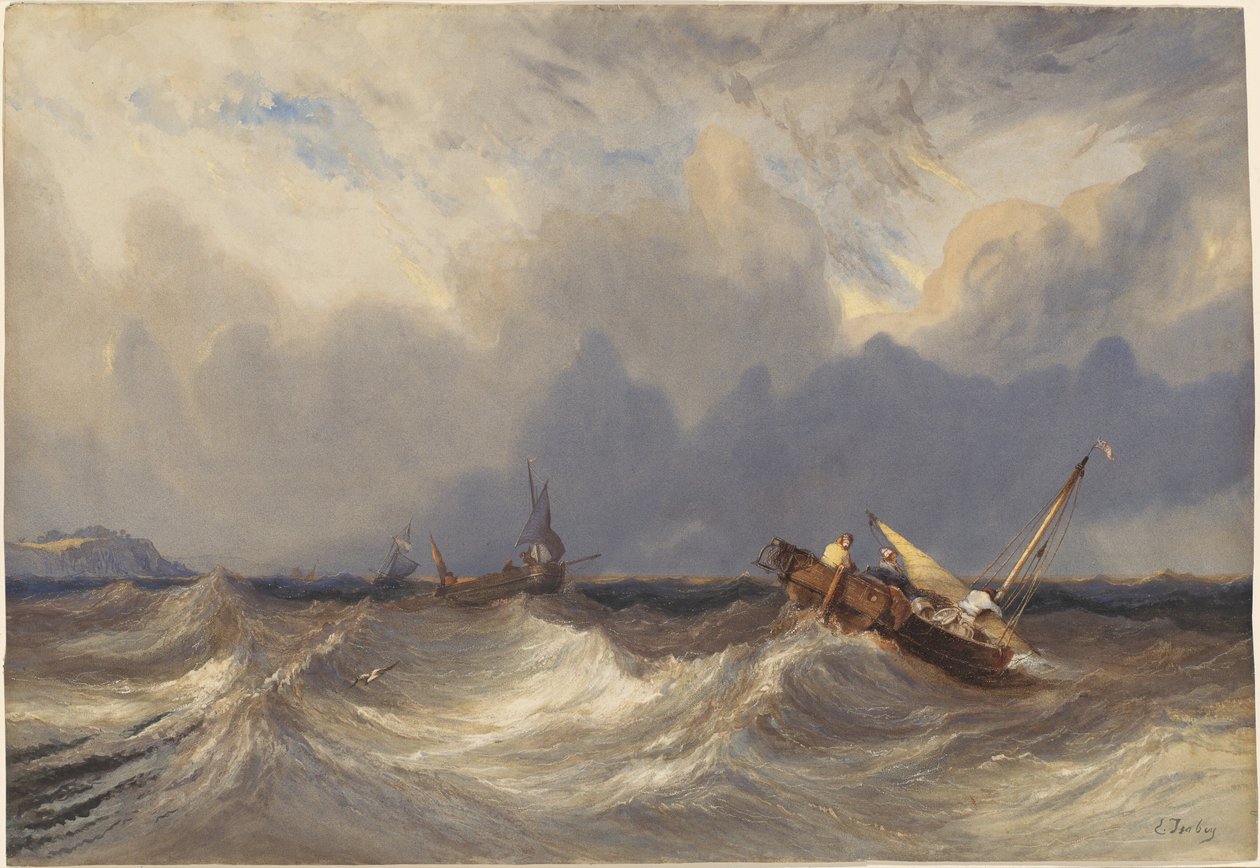 Fiskebåtar som kastas omkring inför en storm av Eugene Isabey