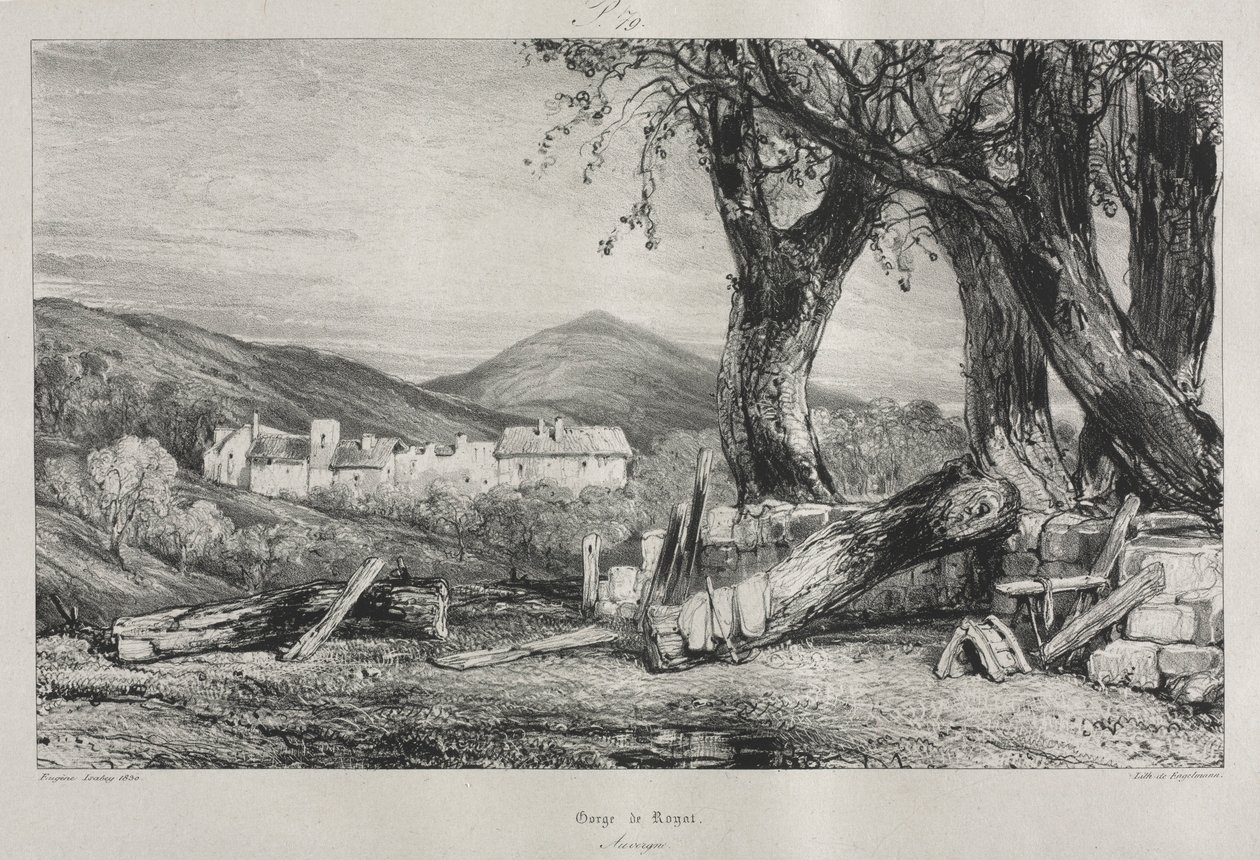 Pittoreska och romantiska resor i gamla Frankrike: Auvergne vol. II, Gorge of Royat, skylt 79, 1830 av Eugene Isabey