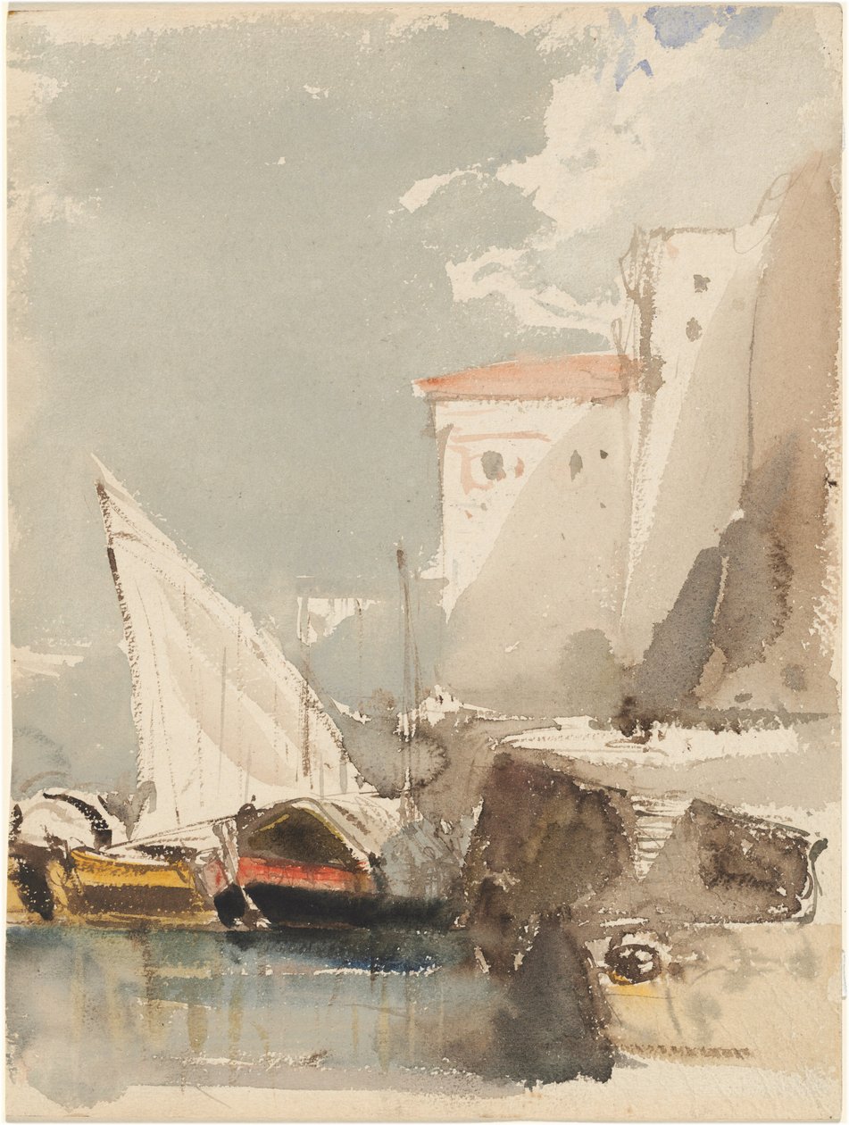 Segelbåtar i en solbelyst hamn (framsida) av Eugene Isabey