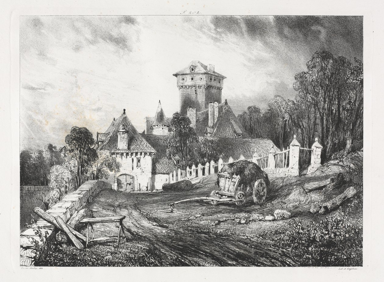 Pittoreska och romantiska resor i det antika Frankrike, Auvergne: Château de Pesteil i Polminhac av Eugene Isabey