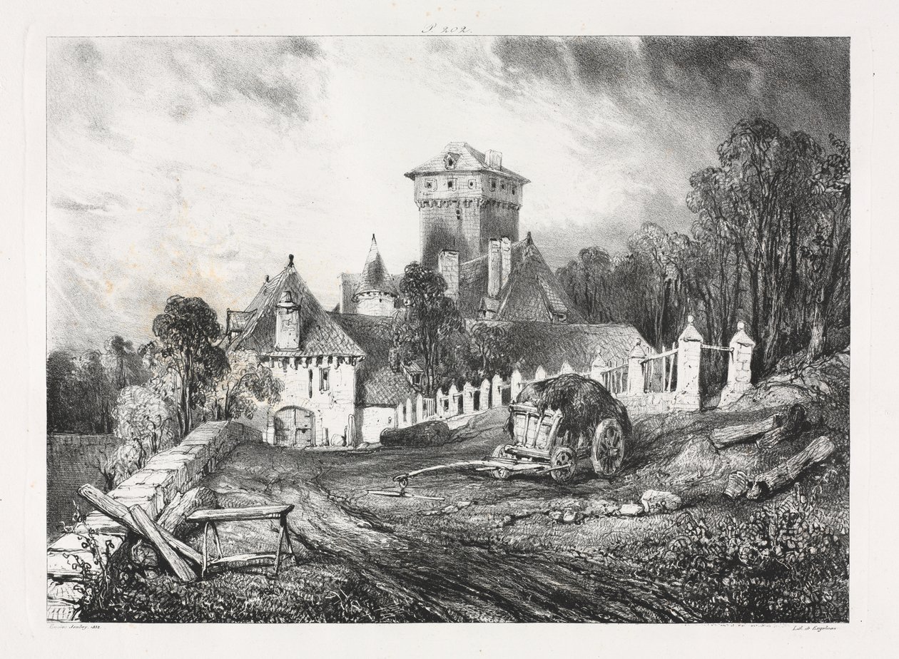 Pittoreska och romantiska resor i det antika Frankrike, Auvergne: Château de Pesteil i Polminhac av Eugene Isabey