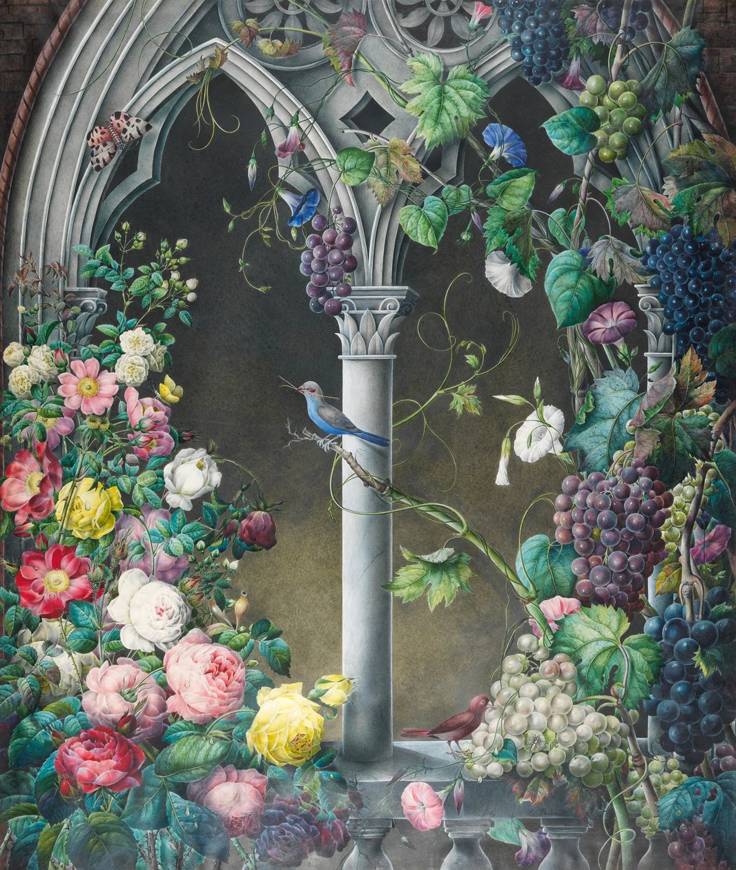 Klasar av rosor, Ipomoea och vinrankor, runt en arkad i fantasifull gotisk stil, två fåglar, okänd art och en tigermal (wc och kroppsfärg på papper) av Eugene Joseph Prevost
